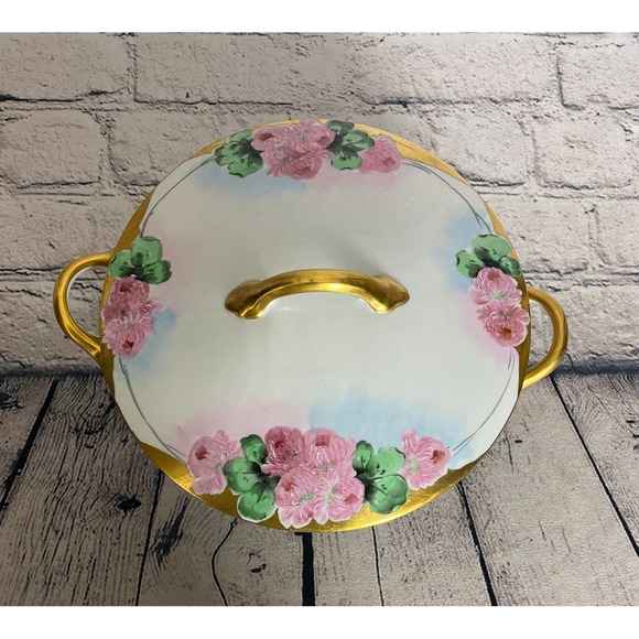White Cross Other - Vintage Limoge Style Covered Serving Bowl Pink Roses Gold Trim Japan